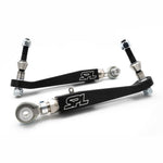 SPL Parts front lower control arms for BMW G8X featuring 4130 Chromoly double adjusters and ride height sensor brackets.
