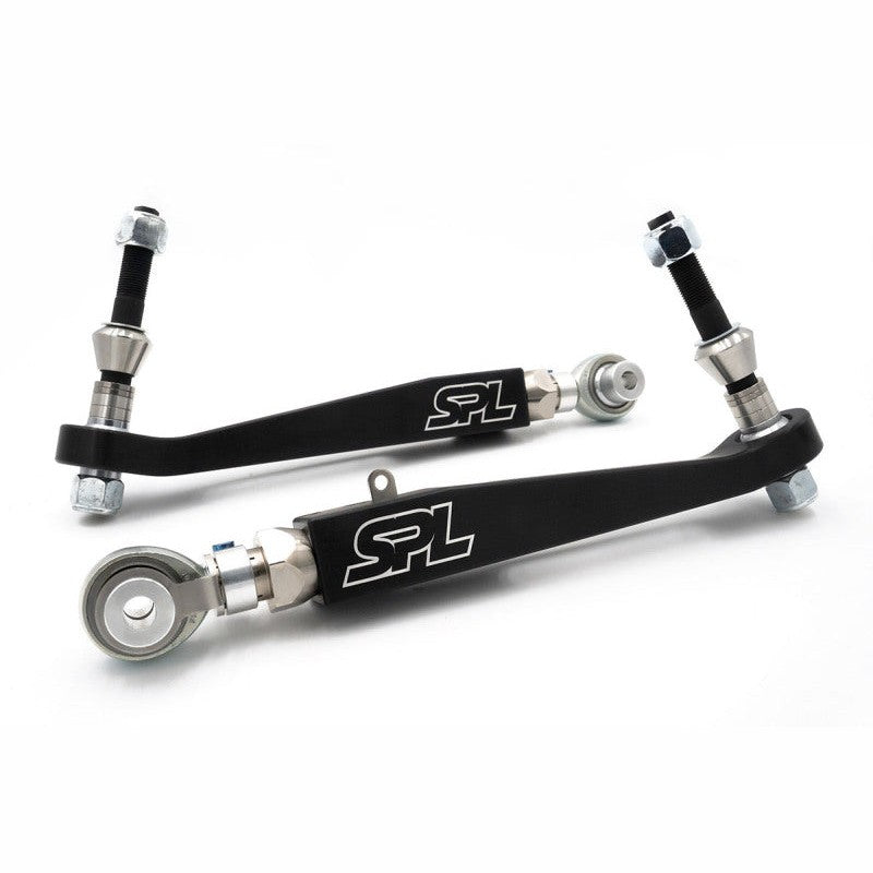 SPL Parts front lower control arms for BMW G8X featuring 4130 Chromoly double adjusters and ride height sensor brackets.