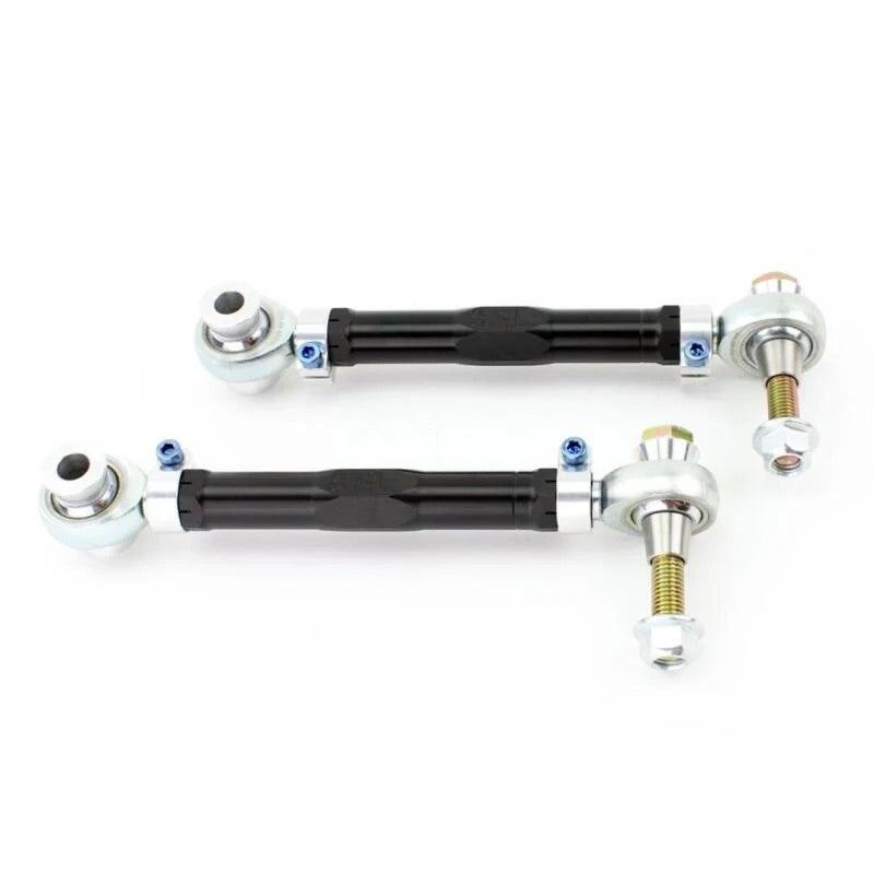 Pair of black anodized gun-drilled 2024 aluminum rear toe arms for 2001-2005 Lexus IS300 with FK rod ends.