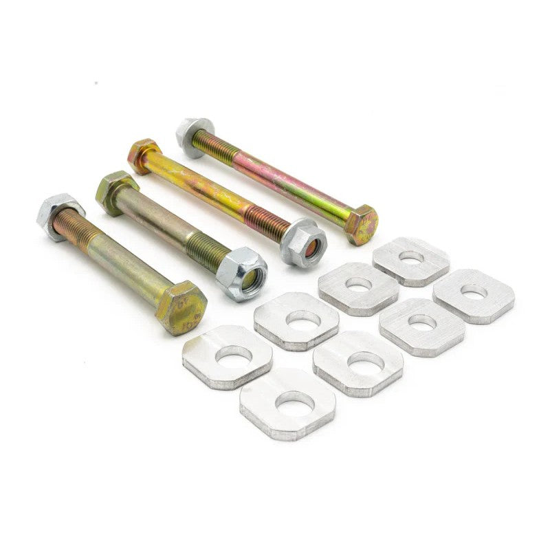 SPL Parts rear eccentric lockout kit with silver CNC aluminum plates and cadmium-plated grade 10.9 steel bolts.