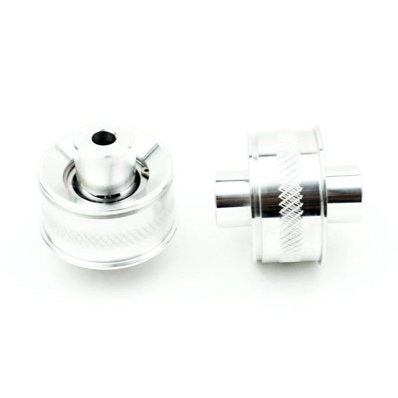 SPL Parts front caster rod monoball bushings featuring 1-inch FK Racing bearings and CNC machined offset spacers.
