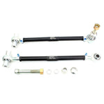 SPL Parts gun-drilled aluminum front tension rods with blue titanium hardware and FK spherical bearings.