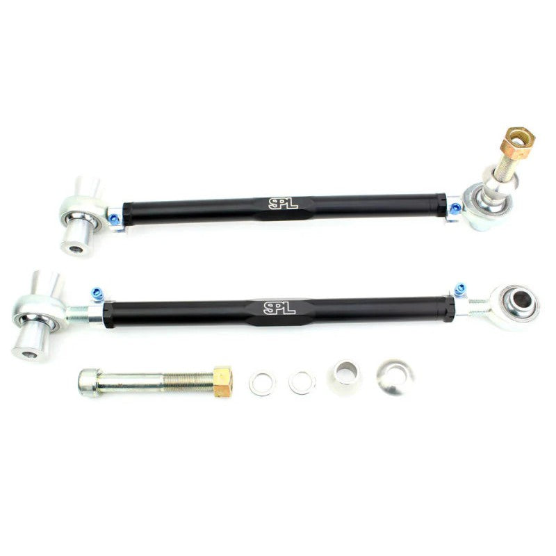 SPL Parts gun-drilled aluminum front tension rods with blue titanium hardware and FK spherical bearings.
