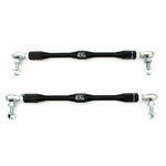 Pair of black anodized SPL adjustable front sway bar endlinks featuring chromoly studs and PTFE-lined FK rod ends.