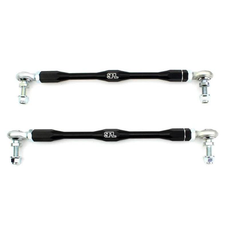 Pair of black anodized SPL adjustable front sway bar endlinks featuring chromoly studs and PTFE-lined FK rod ends.