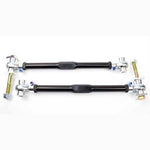 SPL Parts black anodized 2024 aluminum rear toe links with eccentric lockout plates and FK rod ends for BMW E9X and E8X.