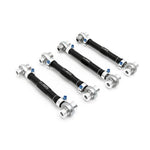 SPL Parts black anodized 2024 aluminum rear upper arm links with blue titanium hardware for BMW E8X and E9X.