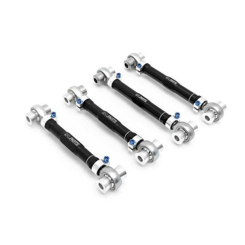 SPL Parts black anodized 2024 aluminum rear upper arm links with blue titanium hardware for BMW E8X and E9X.