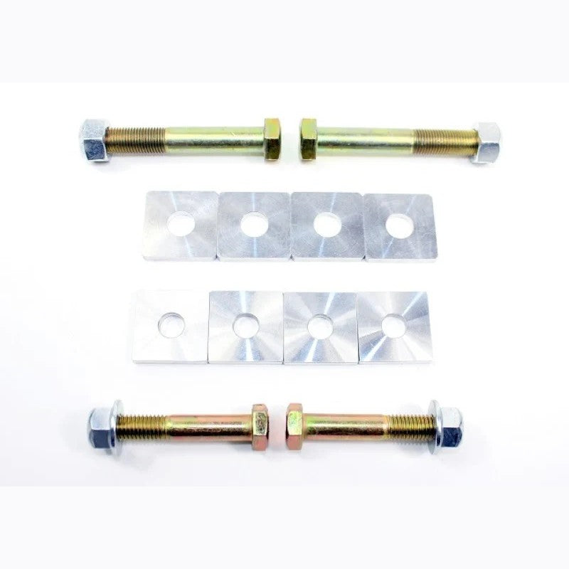 CNC machined 6061-T6 aluminum eccentric lockout plates and zinc-plated grade 10.9 bolts for Mazda MX-5 and RX-8.