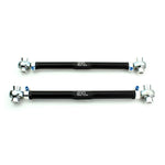 Black anodized aluminum SPL rear lower camber links with blue titanium adjustment screws for Mitsubishi Lancer Evolution X.