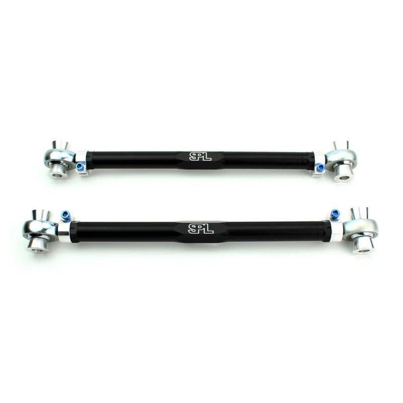 Black anodized aluminum SPL rear lower camber links with blue titanium adjustment screws for Mitsubishi Lancer Evolution X.
