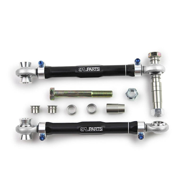 Black anodized 2024 aluminum SPL Parts rear toe arms with blue titanium hardware for 2008-2015 Mitsubishi Evo X.