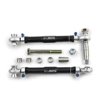 Black anodized 2024 aluminum SPL Parts rear toe arms with blue titanium hardware for 2008-2015 Mitsubishi Evo X.