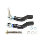 Black anodized aluminum adjustable tie rod ends with blue titanium jam nuts and stainless steel spacers.