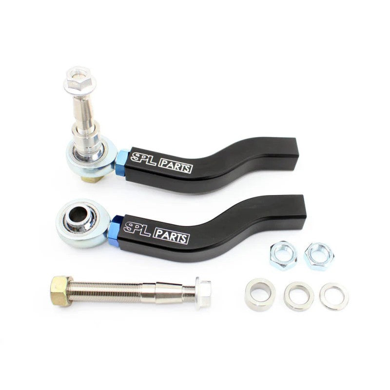 Black anodized aluminum adjustable tie rod ends with blue titanium jam nuts and stainless steel spacers.