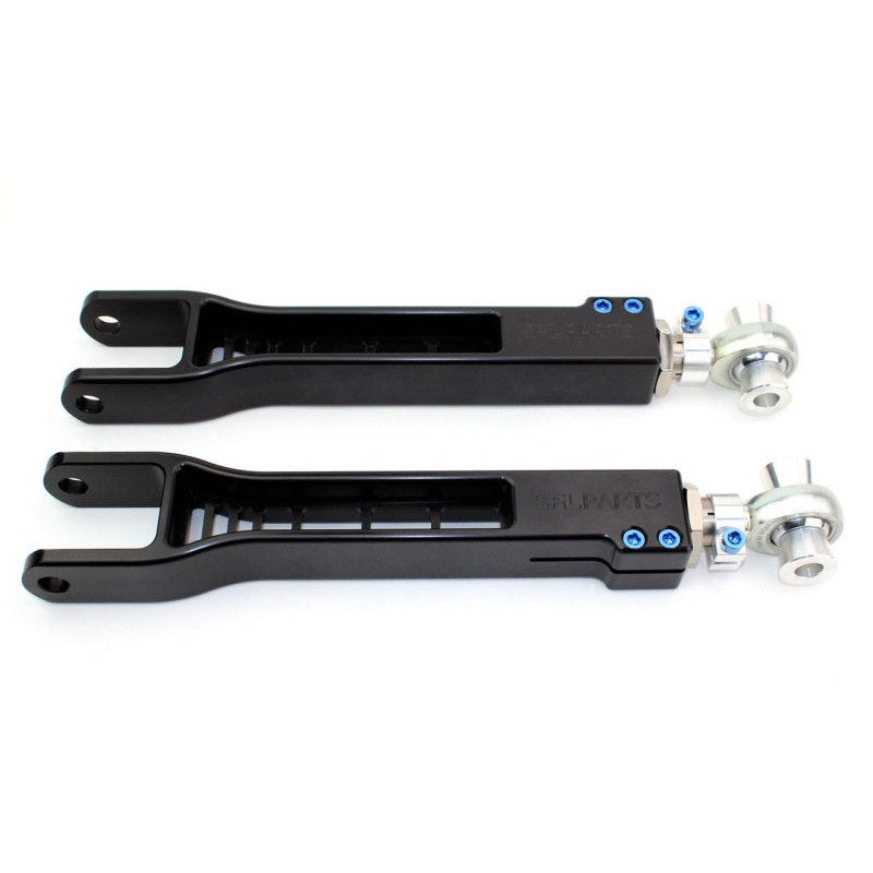 SPL Parts billet aluminum rear camber links with blue titanium hardware for Nissan GT-R R35.