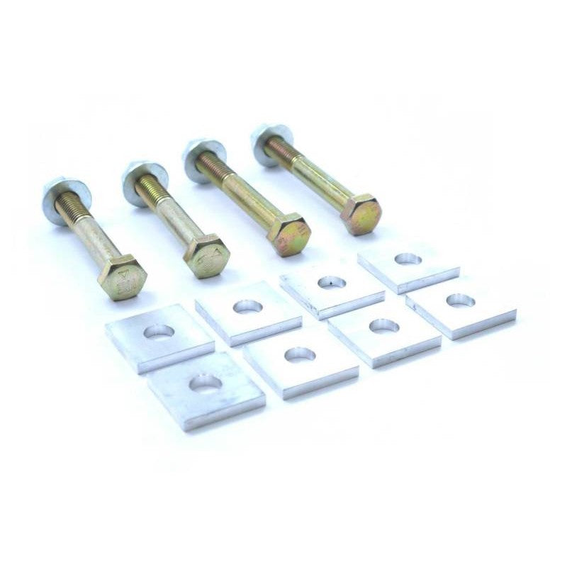 SPL Parts billet 6061-T6 aluminum eccentric lockout plates and Grade 10.9 hardware for Nissan and Infiniti chassis