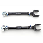 SPL Parts gun-drilled 2024 aluminum dogbone rear camber links with blue titanium hardware and FK rod ends.