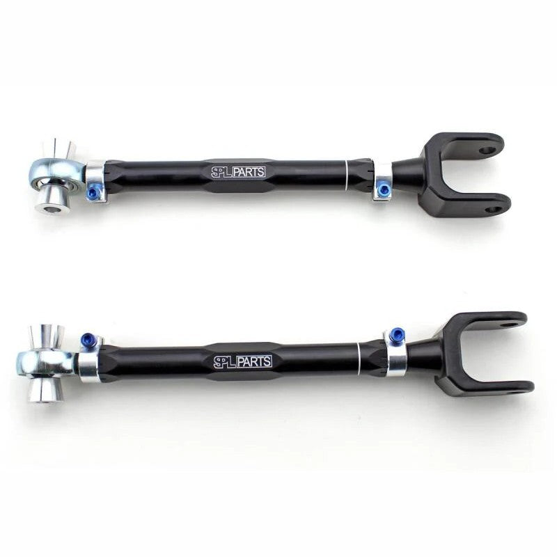 SPL Parts gun-drilled 2024 aluminum dogbone rear camber links with blue titanium hardware and FK rod ends.
