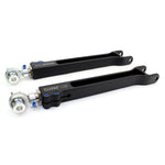 Pair of SPL Parts 6061-T6 billet aluminum rear toe arms with blue titanium hardware and FK spherical rod ends.