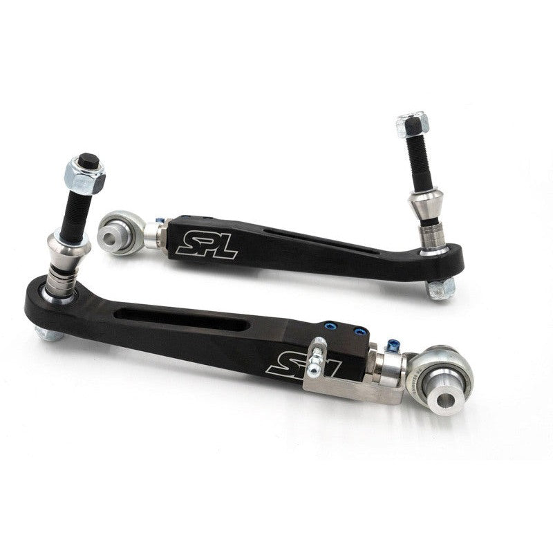 SPL Parts front lower control arms for BMW F2X F3X with blue titanium hardware and electroless nickel plated adjusters.
