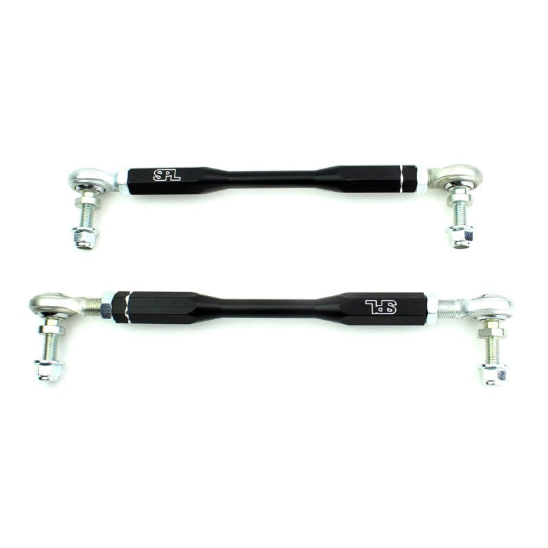 Pair of SPL black anodized aluminum adjustable front sway bar endlinks with chromoly studs for BMW F2X and F3X chassis.