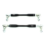Pair of SPL black anodized aluminum adjustable front sway bar endlinks with chromoly studs for BMW F2X and F3X chassis.