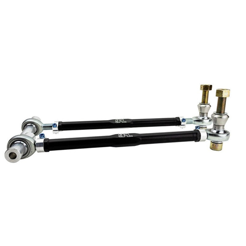 SPL Parts billet 2024 aluminum front tension rods with blue titanium hardware and FK spherical bearings for BMW F2X/F3X.