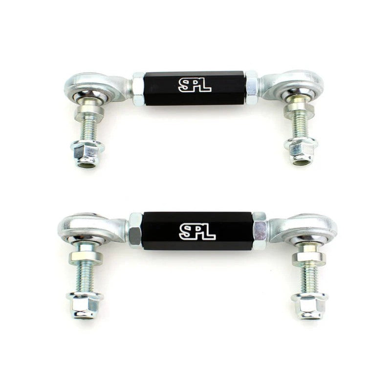 Black anodized 6061-T6 aluminum adjustable rear sway bar endlinks with spherical bearings for BMW F2X and F3X chassis.