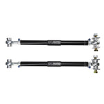 Black anodized 2024 aluminum rear toe links with silver rod ends and eccentric lockout hardware for BMW F2X and F3X chassis.