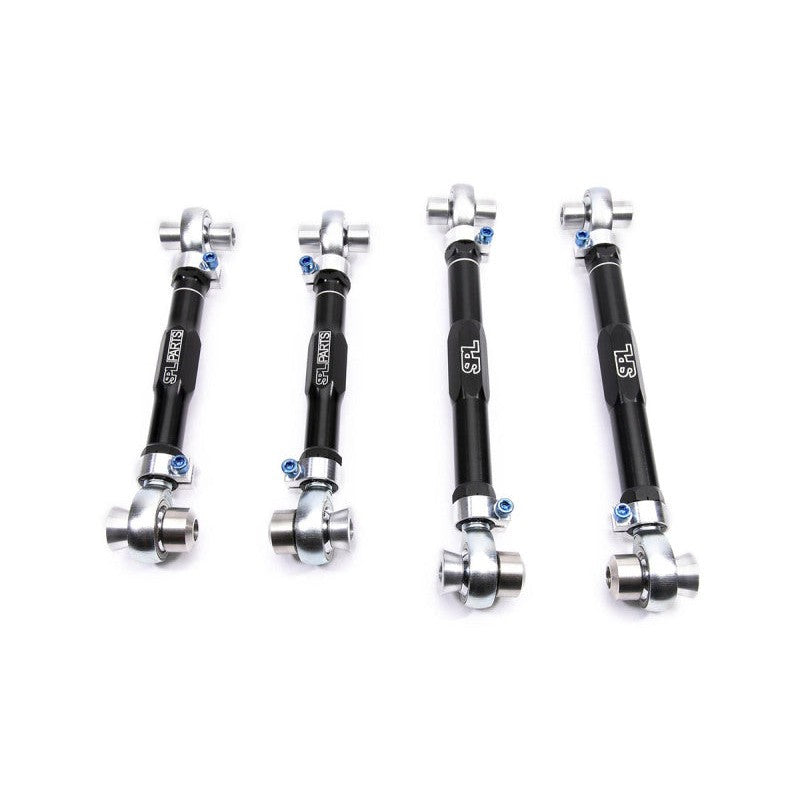 SPL Parts gun-drilled 2024 aluminum rear upper control arms with blue titanium hardware for BMW F2X and F3X chassis.