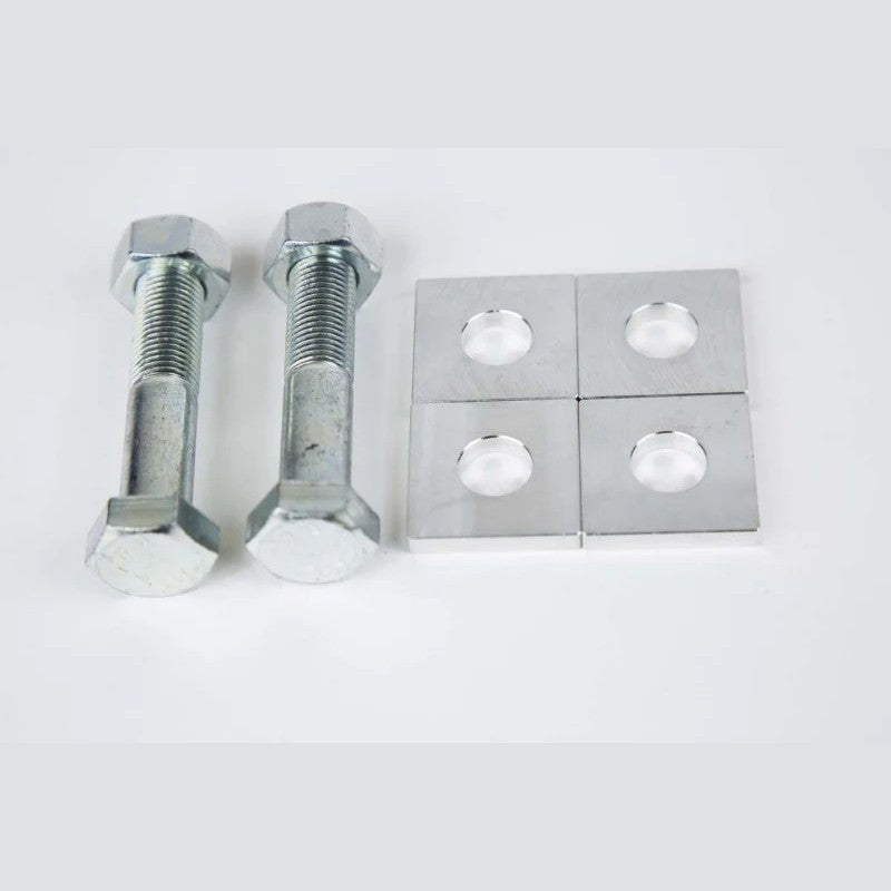 SPL Parts stainless steel eccentric lockout plates and grade 10.9 CAD plated hardware for Subaru and Toyota.