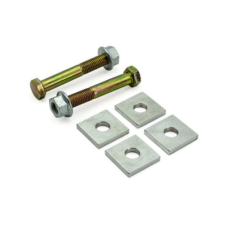 SPL Parts CNC machined 6061-T6 aluminum eccentric camber lockout plates with grade 10.9 zinc plated mounting hardware.