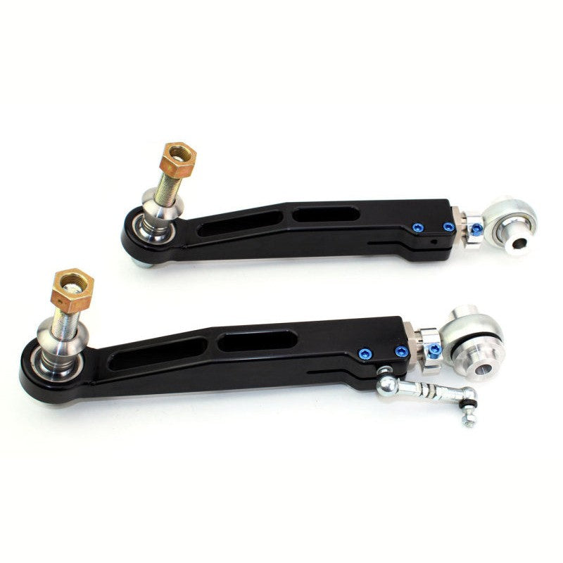SPL Parts front lower control arms with blue 4130 chromoly double adjusters for BMW M2, M3, and M4 F8X chassis.