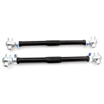 SPL Parts black anodized 2024 aluminum rear toe links with blue titanium hardware for BMW M2, M3, and M4.