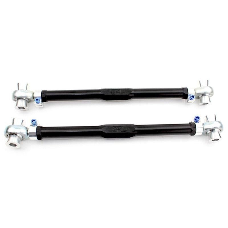 SPL Parts black anodized 2024 aluminum rear toe links with blue titanium hardware for BMW M2, M3, and M4.