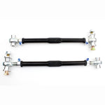Black anodized gun-drilled aluminum SPL Rear Toe Links with rod ends and eccentric lockout hardware for BMW M2, M3, and M4.