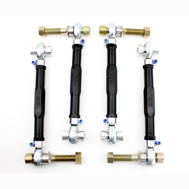 SPL Parts black anodized aluminum rear upper control arms for BMW F8X M2 M3 M4 with blue titanium hardware and FK rod ends.