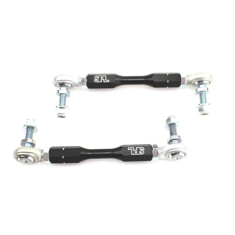 Pair of SPL PRO rear sway bar endlinks with black aluminum turnbuckles and chromoly studs for Infiniti Q50 and Q60.