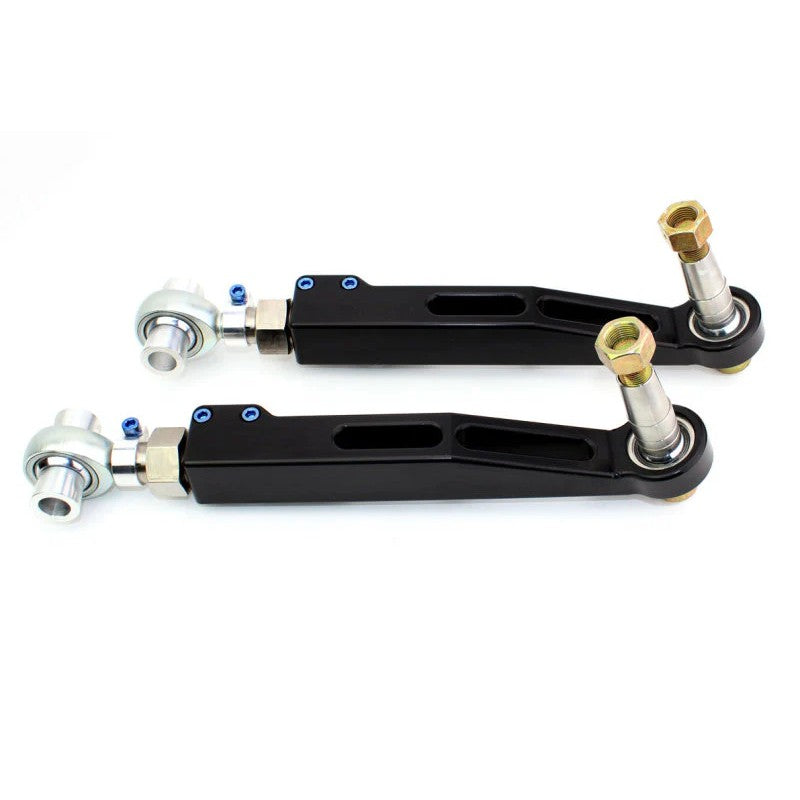 SPL Parts front lower control arms for S550 Mustang featuring blue titanium hardware and nickel-plated chromoly adjusters.