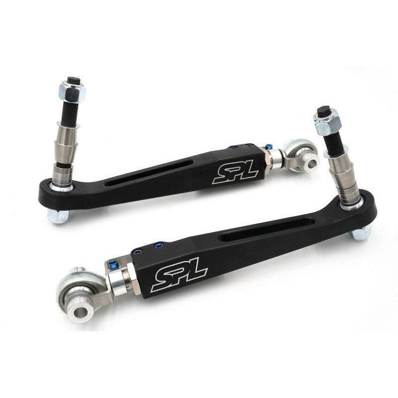 SPL Parts front lower control arms with blue titanium hardware and 4130 chromoly double adjusters.