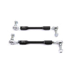Black anodized 6061-T6 aluminum adjustable front sway bar endlinks with FK rod ends and chromoly studs.