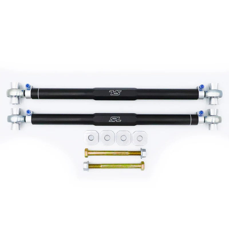 SPL Parts black anodized gun-drilled aluminum rear toe links and billet eccentric lockout plates for Gen 6 Camaro