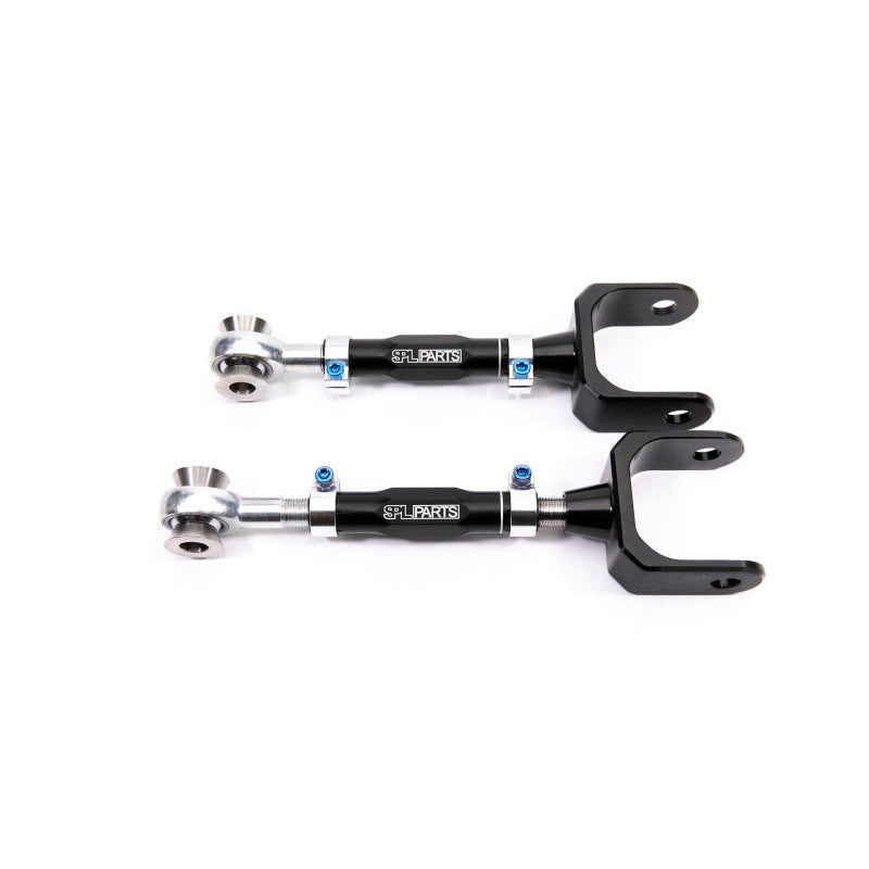 Gun-drilled 2024 aluminum rear upper lateral camber links with blue titanium hardware for Tesla Model 3 and Model Y.