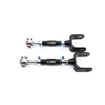 Gun-drilled 2024 aluminum rear upper lateral camber links with blue titanium hardware for Tesla Model 3 and Model Y.