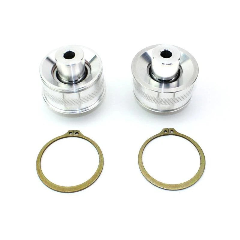 SPL Parts knurled aluminum front caster rod bushings with 1-inch FK Teflon-lined spherical bearings for BMW and Toyota.