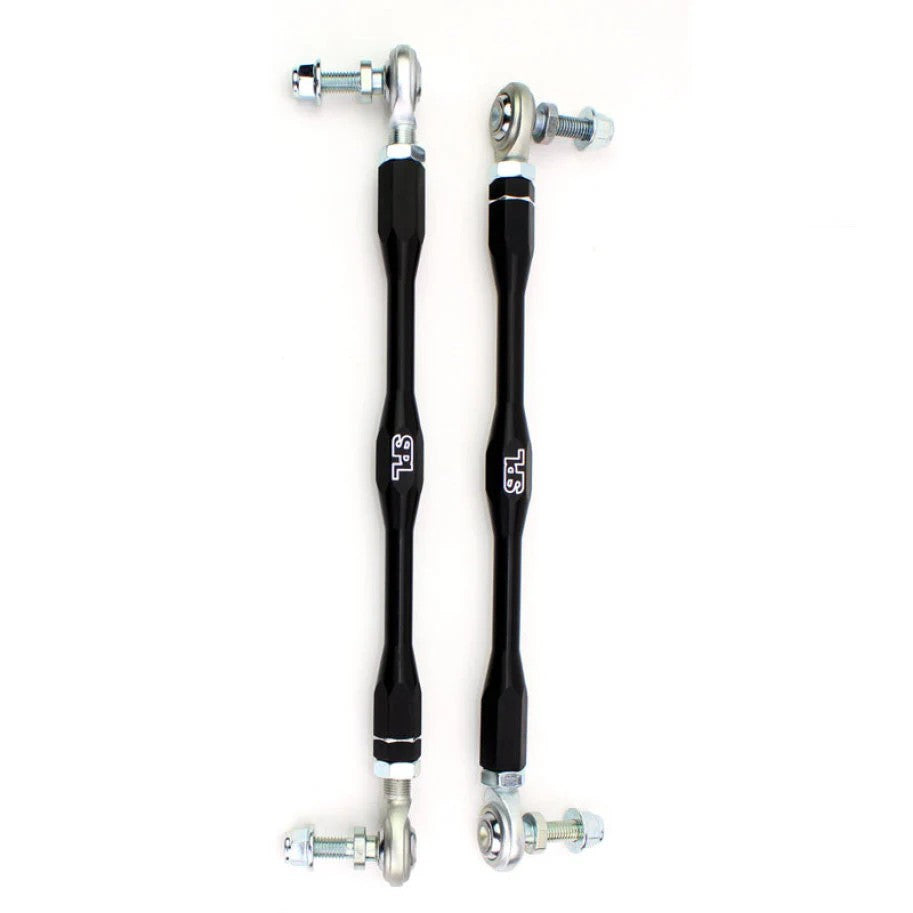 SPL Parts black anodized 6061-T6 aluminum adjustable front sway bar endlinks with spherical bearings and chromoly studs.