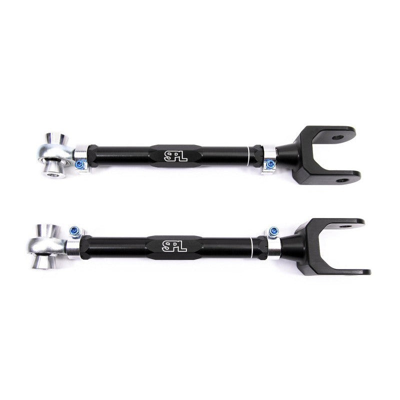 SPL Parts adjustable rear traction links with blue titanium hardware and gun-drilled 2024 aluminum center links.