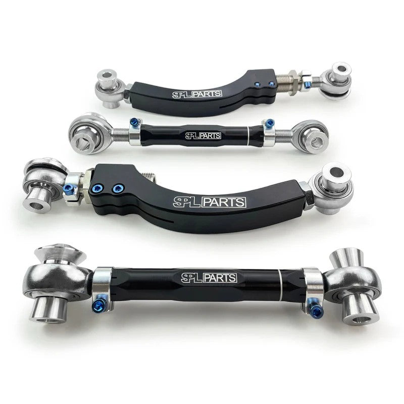 SPL Parts rear upper lateral links with gun-drilled aluminum bodies and blue titanium adjustment hardware.