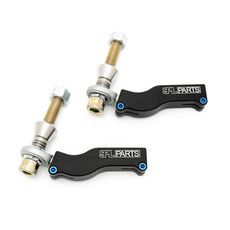 Pair of SPL Parts bumpsteer adjustable front tie rod ends with high-strength spherical bearings and hardware.